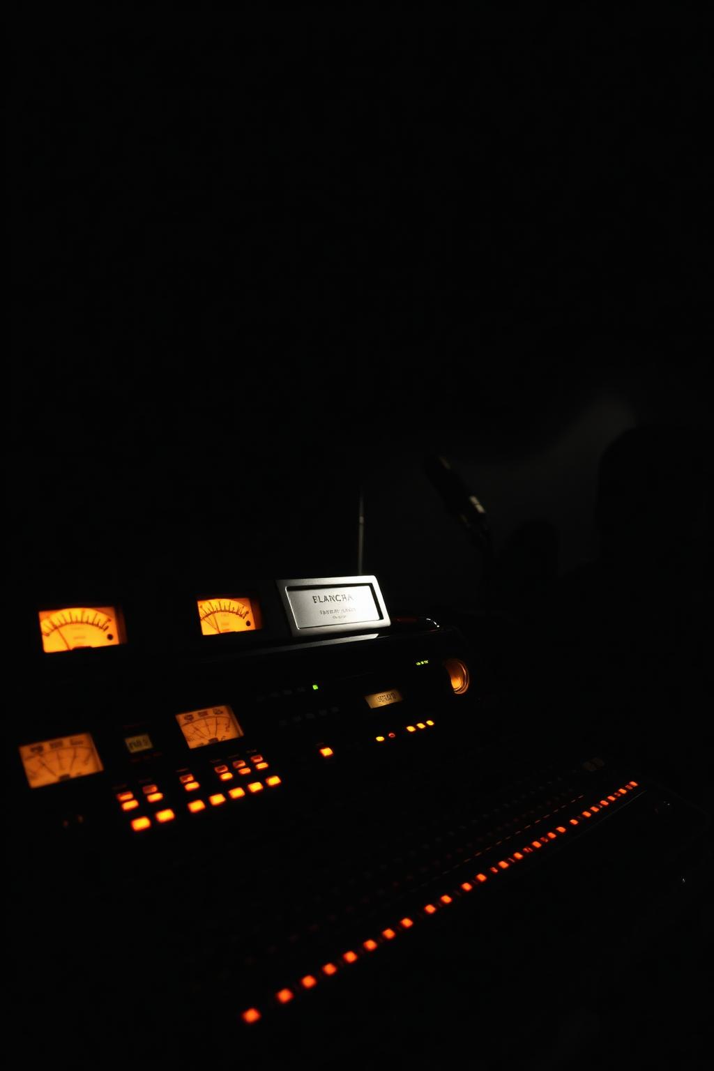 Moody analog mixing console glowing in a darkened studio