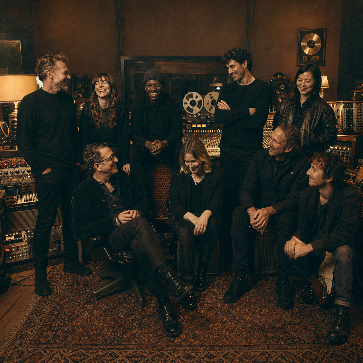 WMG team gathered in a warm recording studio