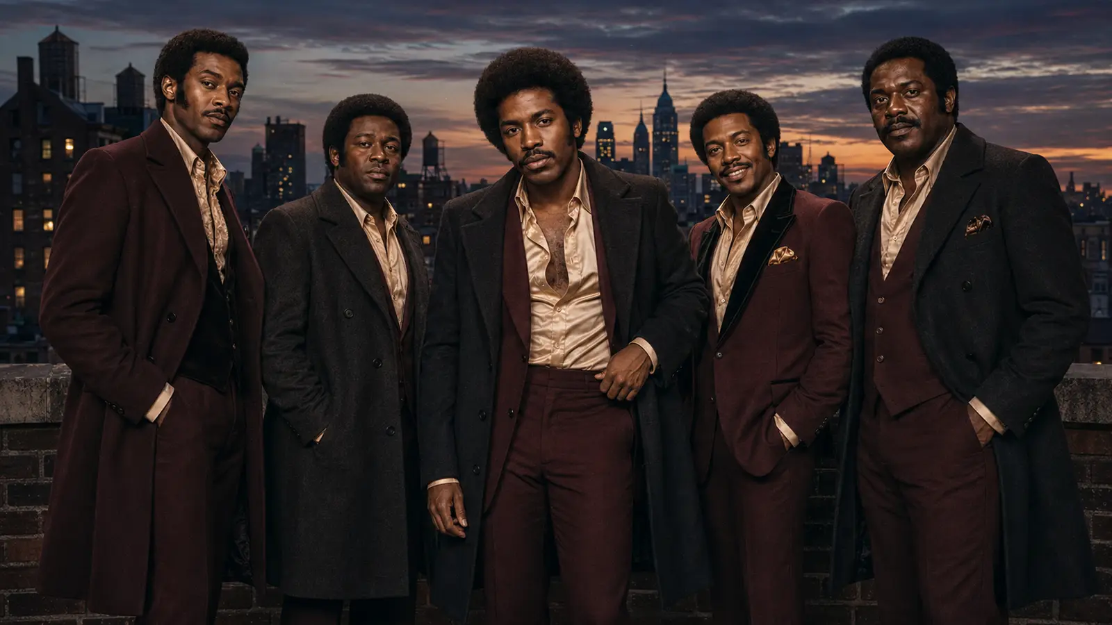 The Adulations in burgundy suits on a rooftop with a city skyline at dusk.