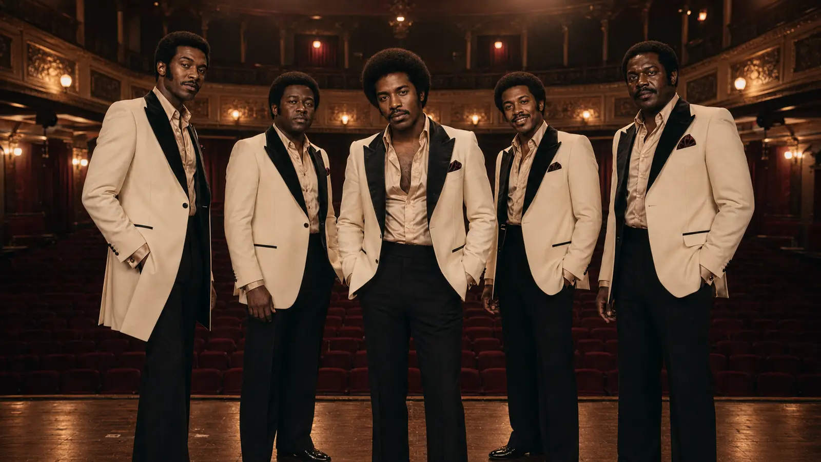 The Adulations standing on stage in white dinner jackets inside an empty ornate theatre.