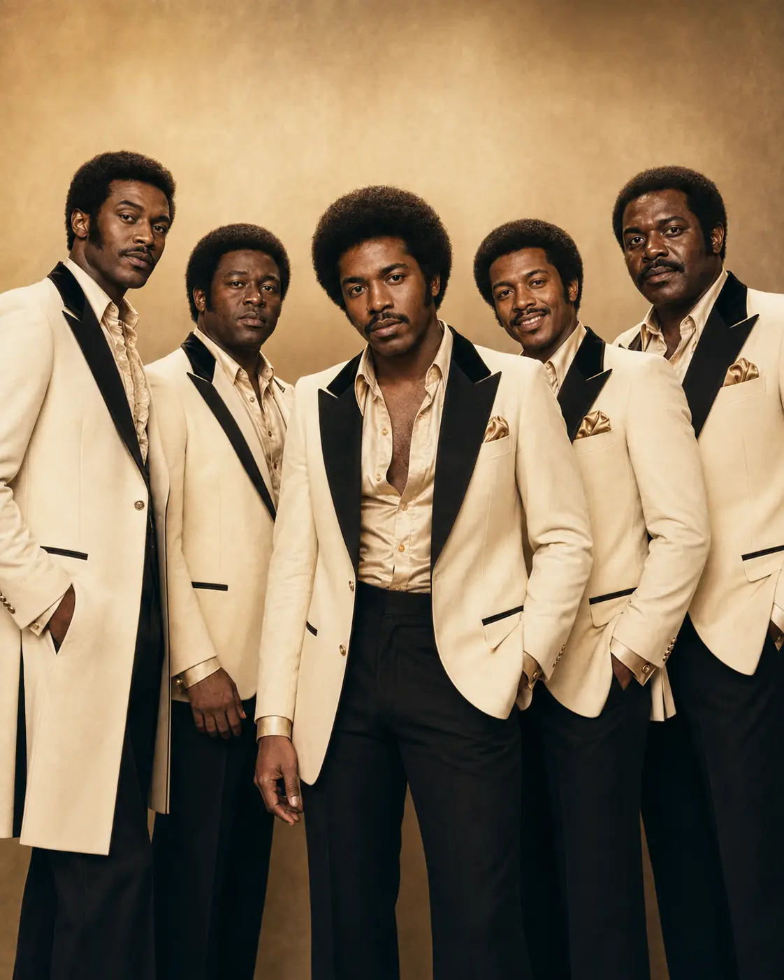The Adulations in white dinner jackets standing together against a warm cream background.