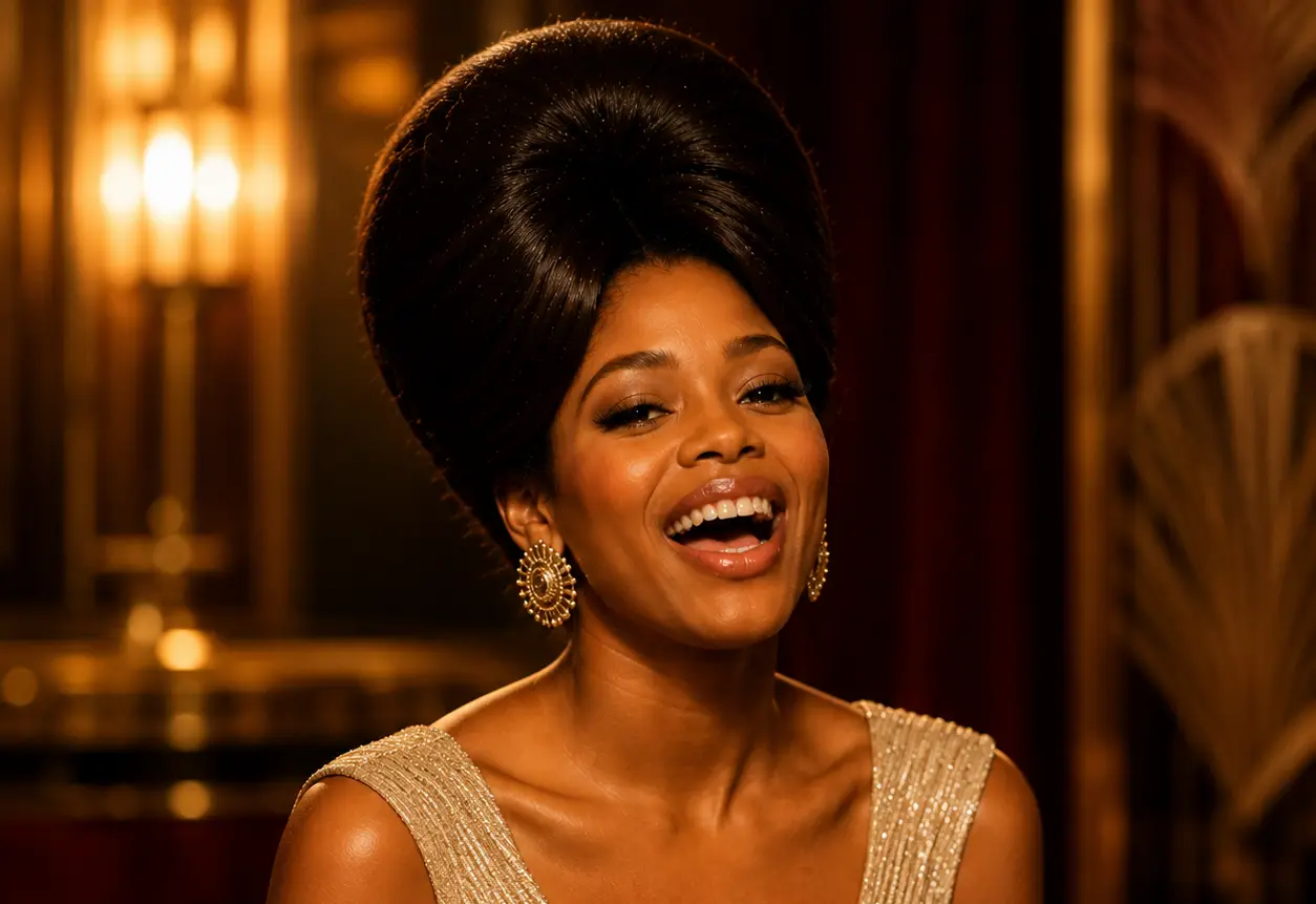Close portrait of Betty Blane laughing in a gold dress beneath warm club lights.