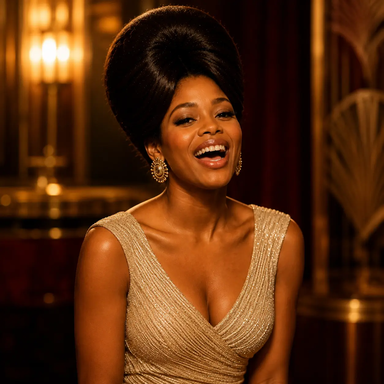 Betty Blane seated in a gold dress, smiling on a softly lit club stage.