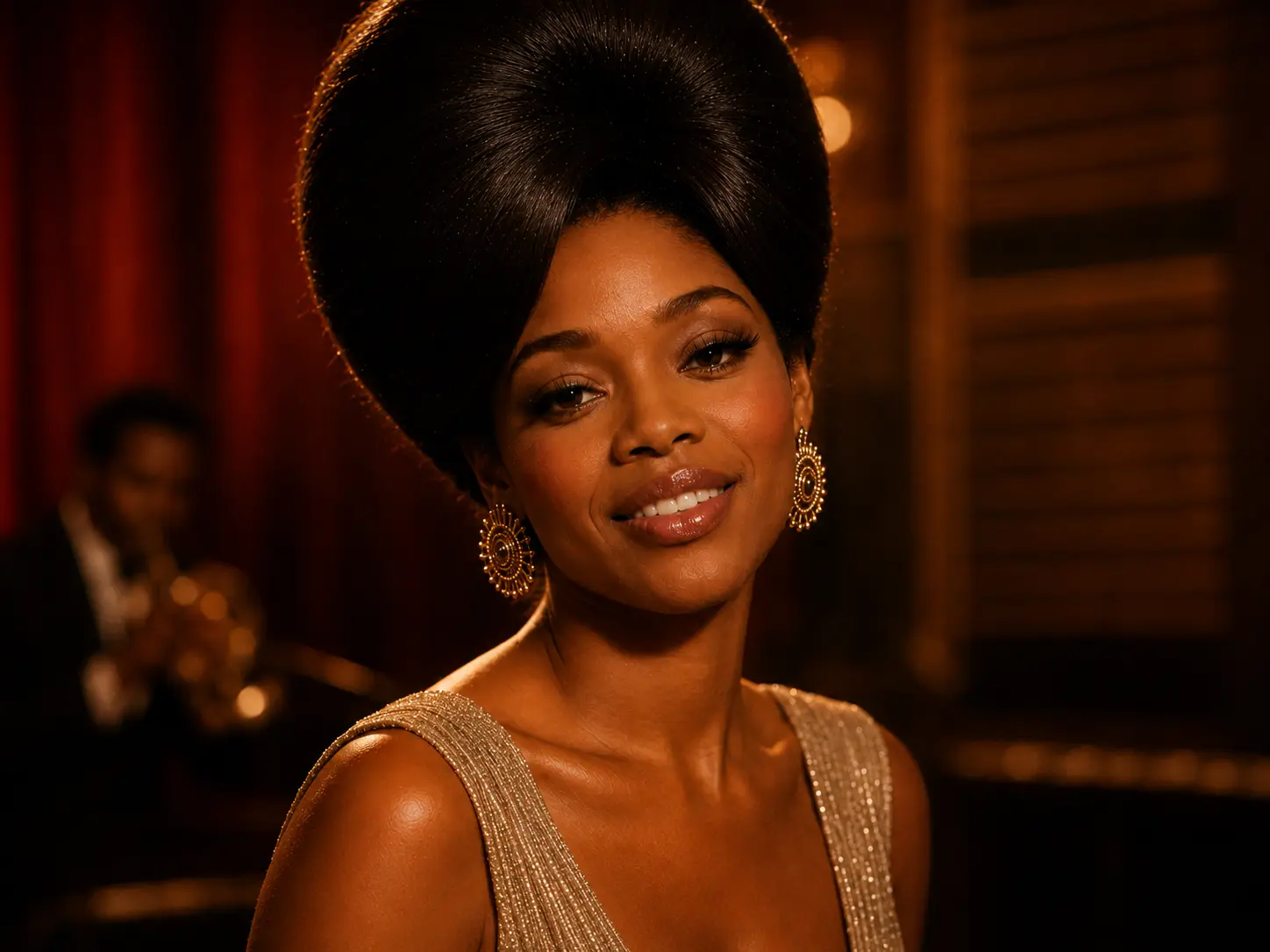 Close portrait of Betty Blane in a gold dress with a saxophonist softly blurred behind her.
