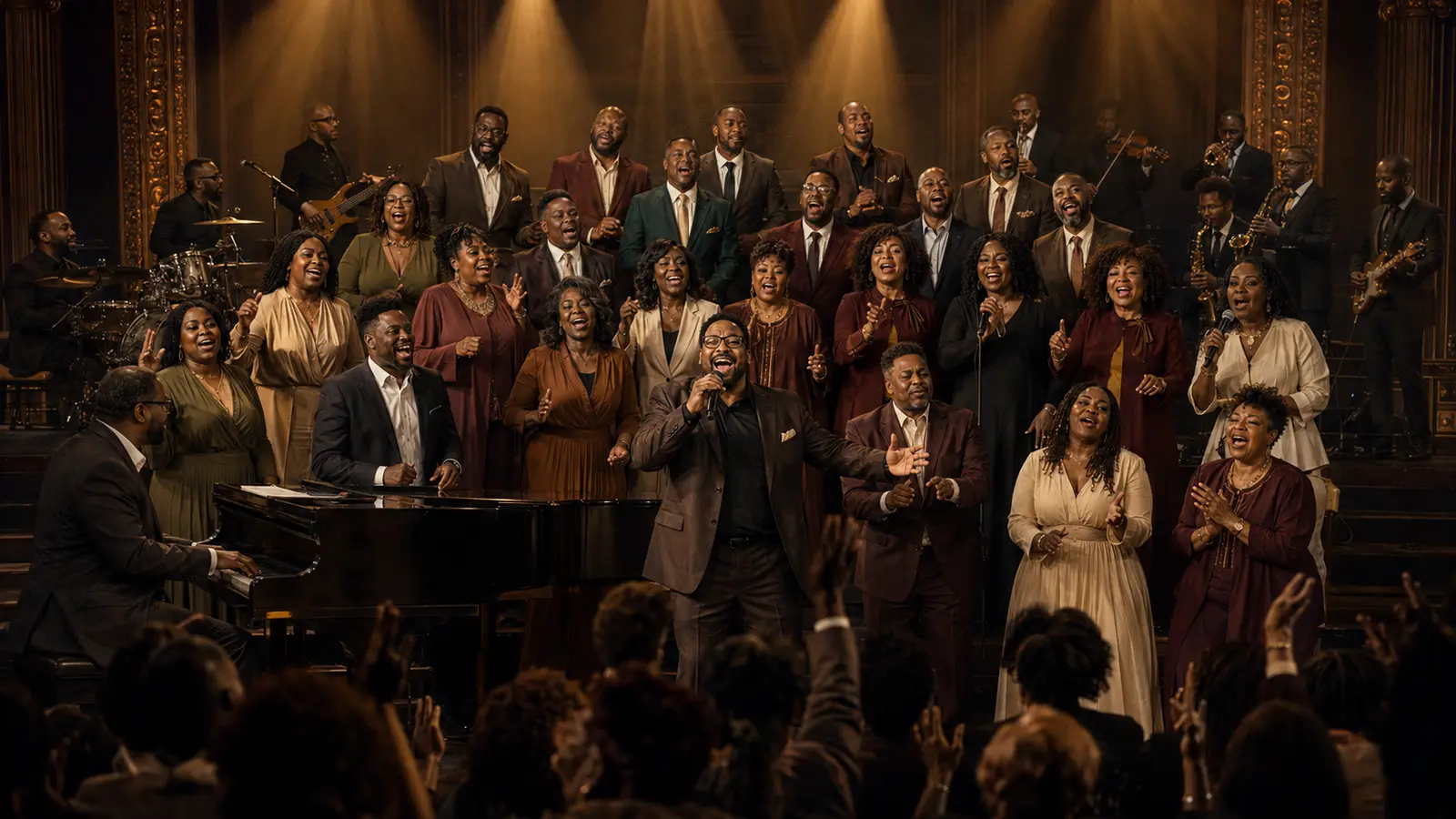Faith Supreme singers perform in rows beside a grand piano under warm overhead spotlights, with an audience in the foreground.