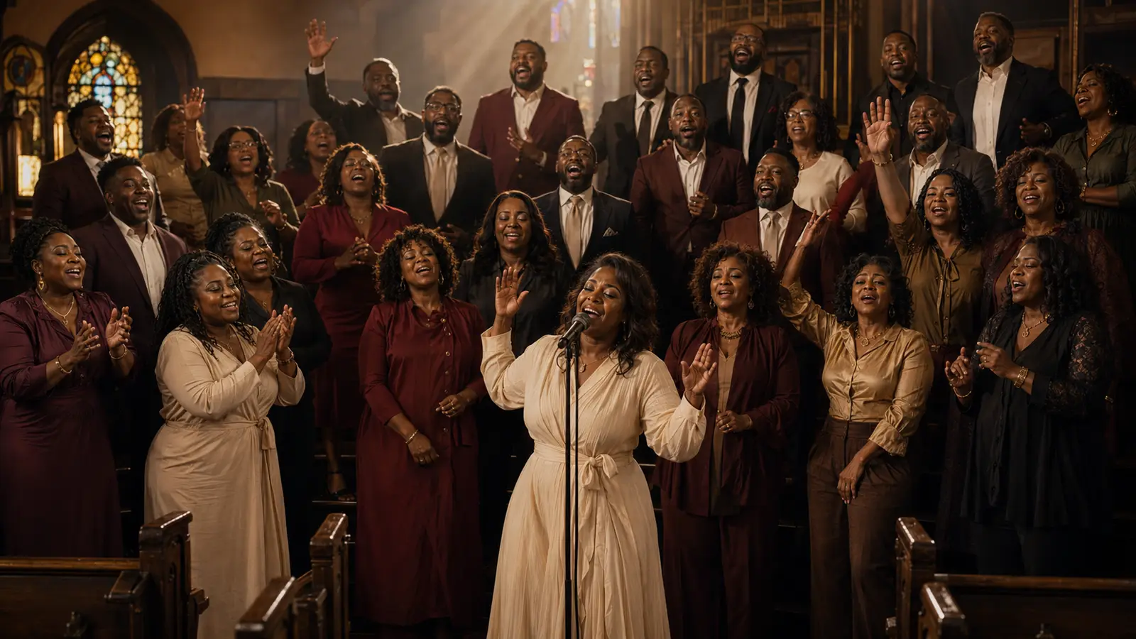 Faith Supreme choir members sing in rows between wooden pews, several with hands raised in the warm church light.
