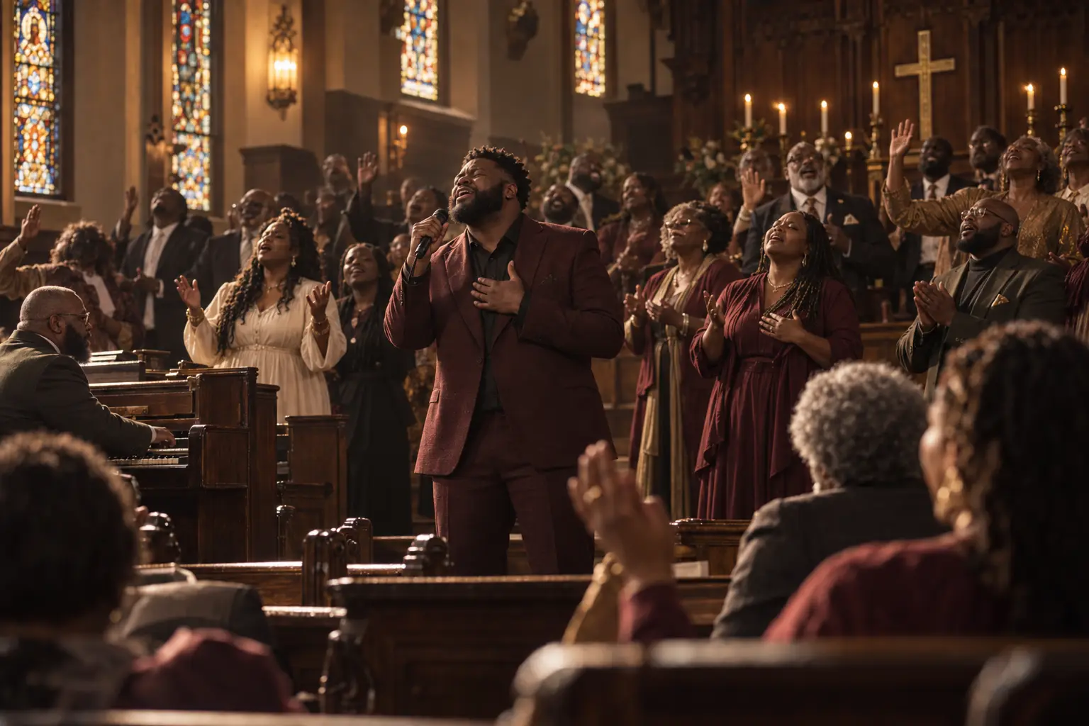 A Faith Supreme vocalist in a burgundy suit sings into a handheld microphone among church pews, surrounded by choir members and listeners.