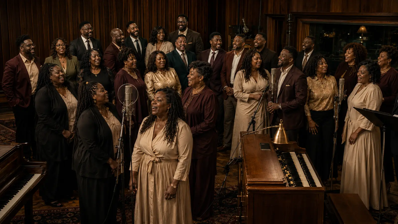 Faith Supreme singers stand around a large studio microphone beside a piano in a warmly lit, wood-panelled room.