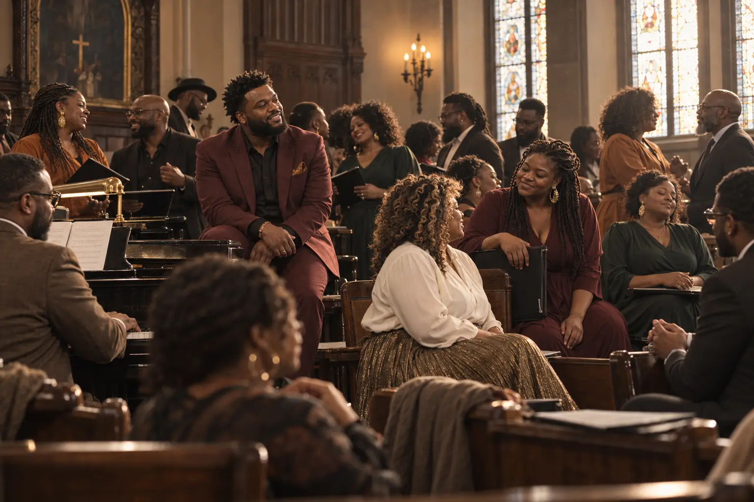 Faith Supreme singers gather closely around a pianist in a church, with several members seated on wooden pews.