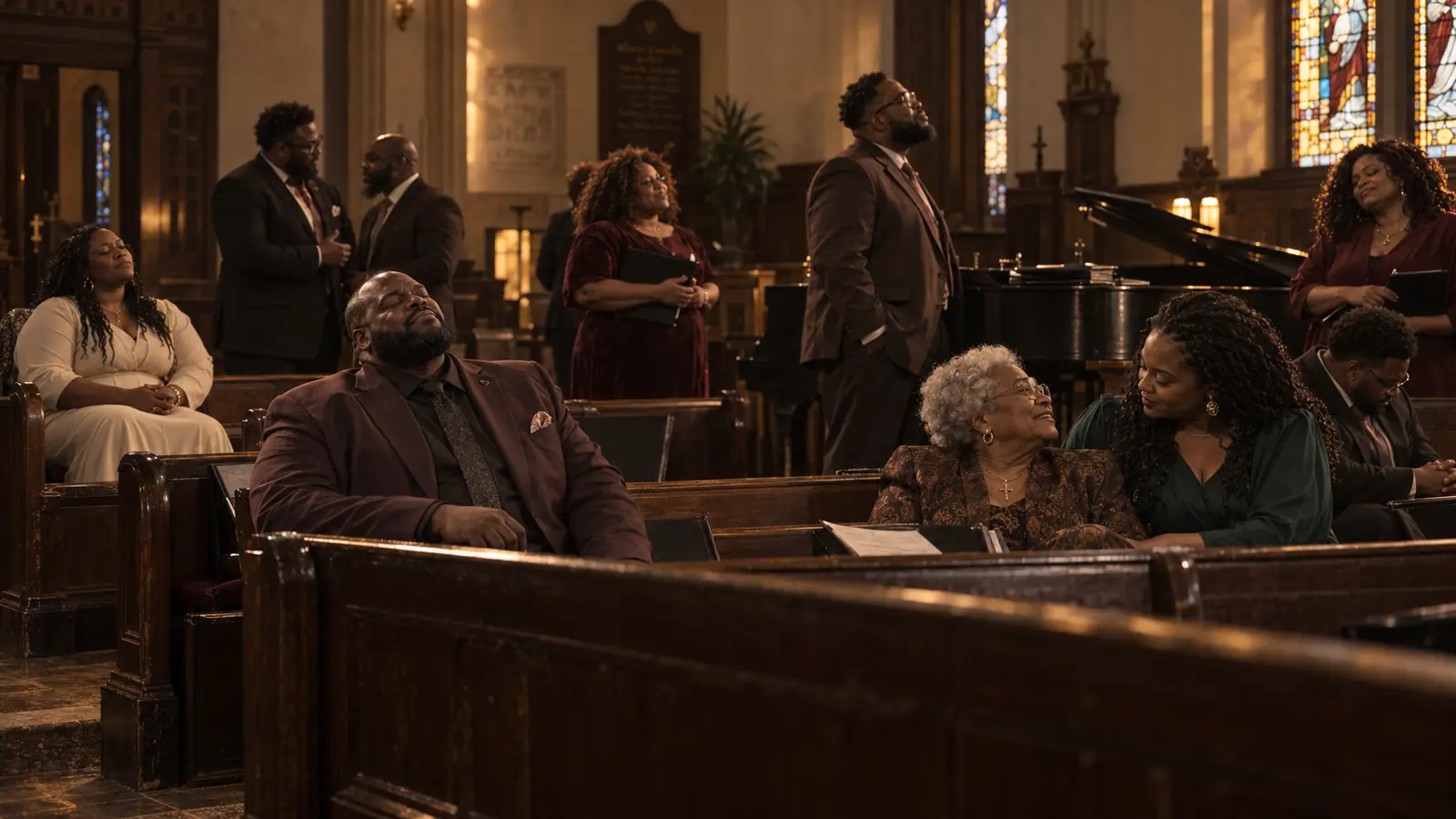 Faith Supreme members talk and relax among wooden pews beside a piano in a warmly lit church.