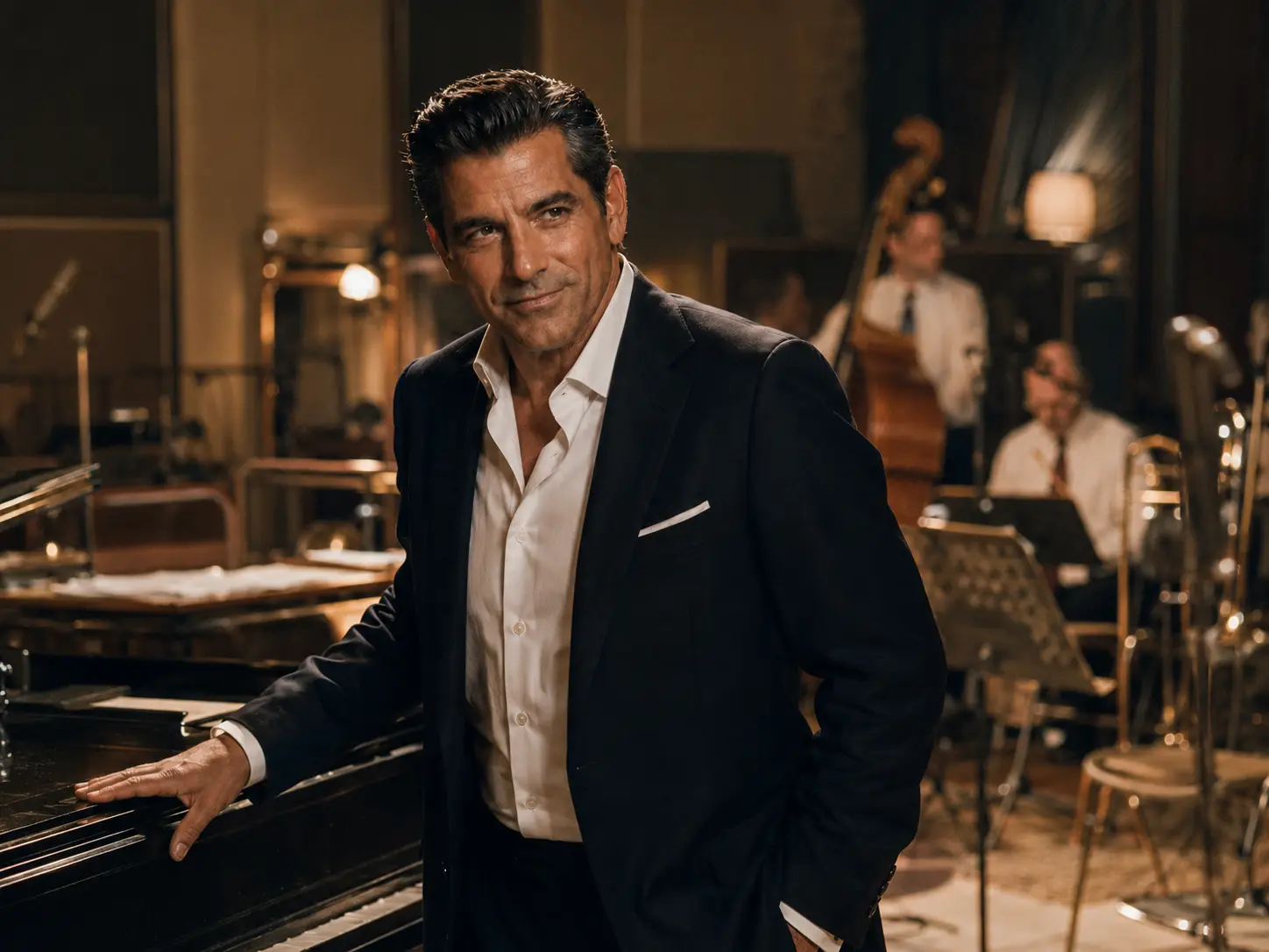 Tony Medley standing in a recording studio beside a piano.