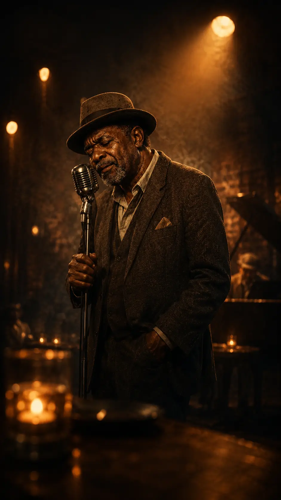 Bobby Chills wearing a hat and singing into a vintage microphone in a candlelit club.