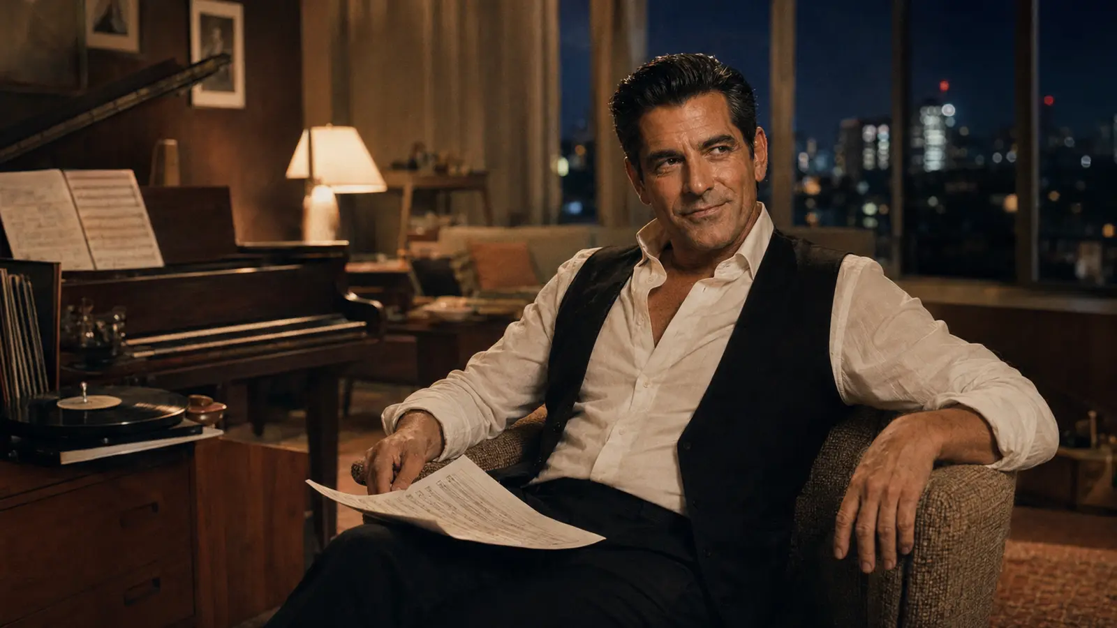Tony Medley seated beside a piano in a warmly lit room.