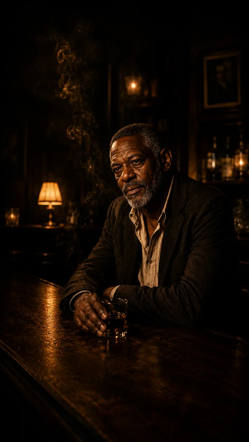 Bobby Chills seated alone at a polished bar beneath warm lamps.