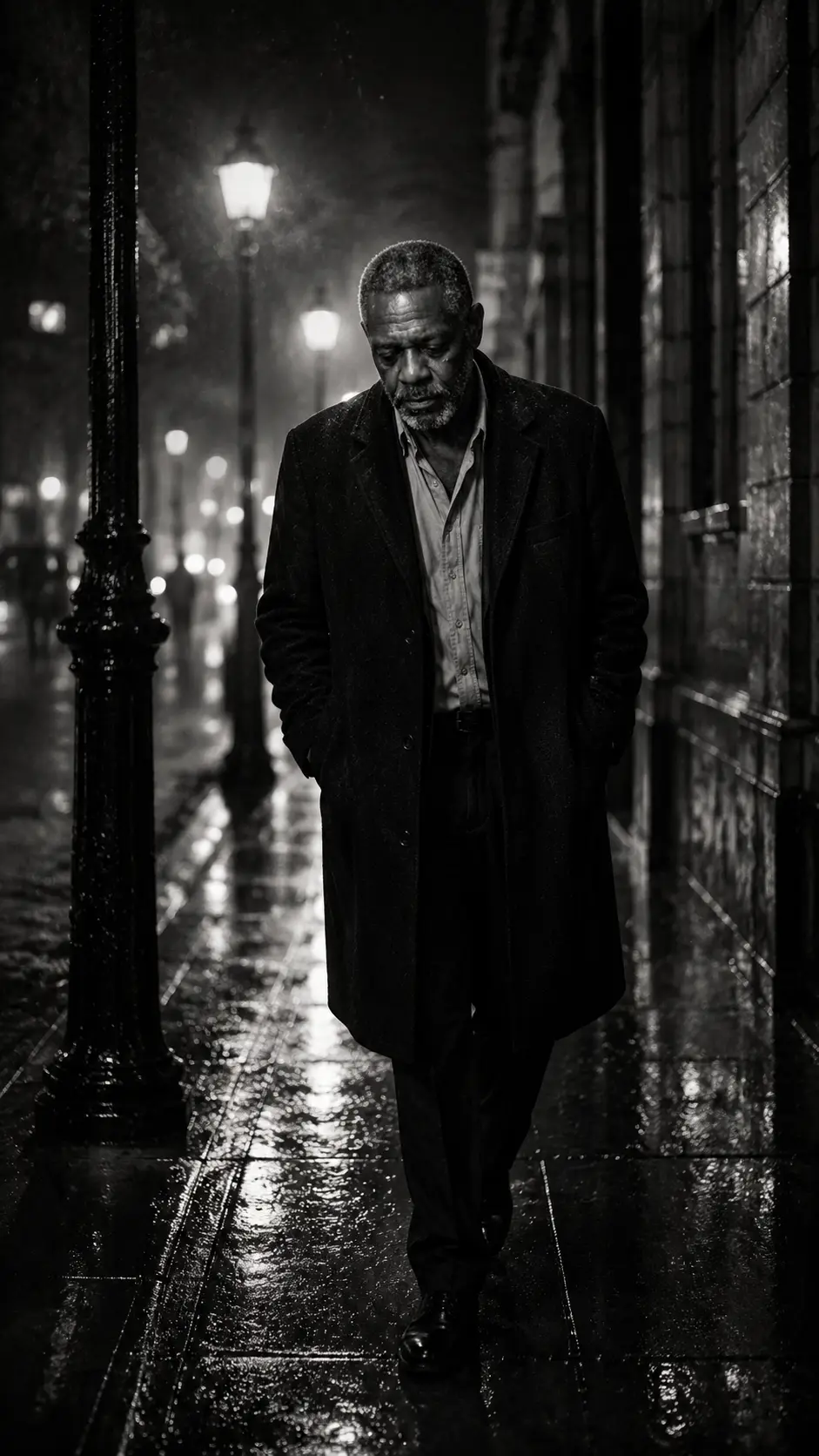 Black-and-white photograph of Bobby Chills walking alone down a rain-soaked street.