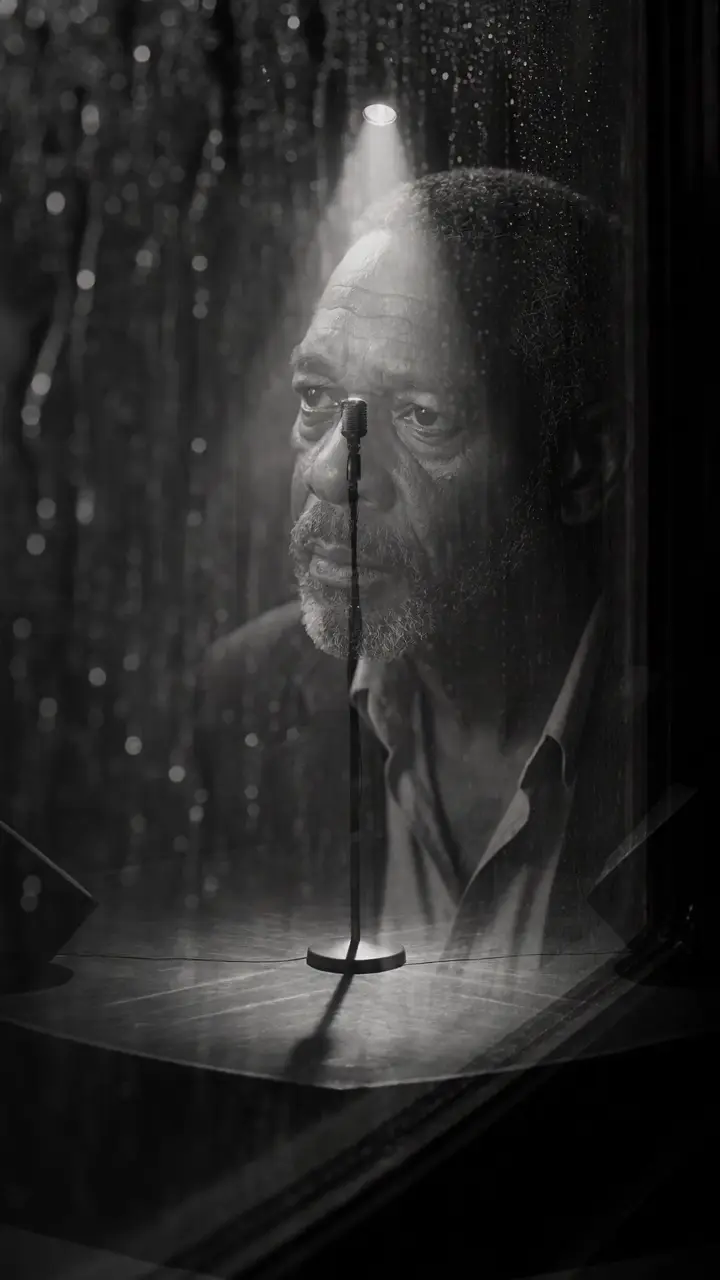 Black-and-white double exposure of Bobby Chills behind a rain-streaked window and an empty microphone.