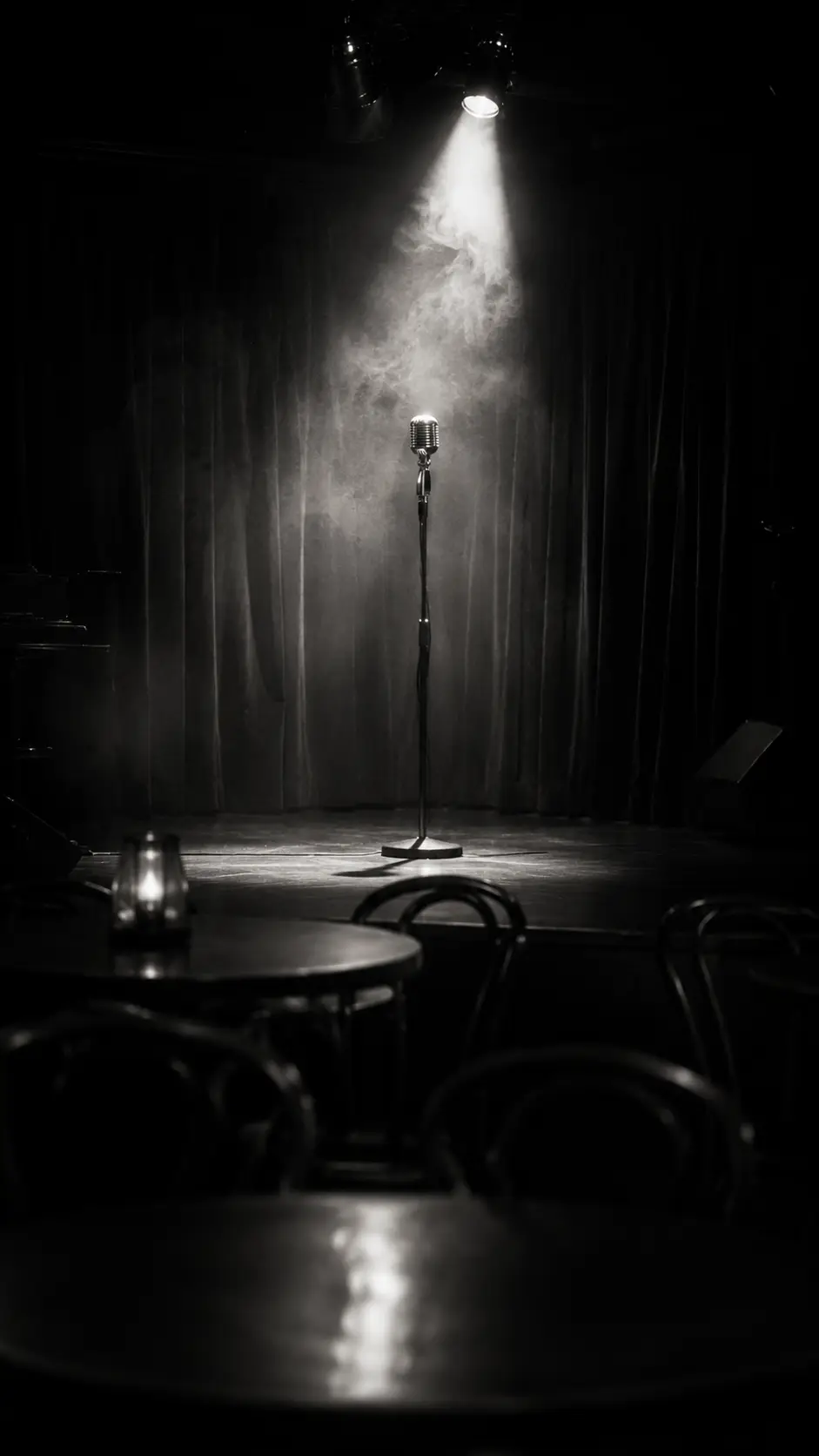 An empty microphone beneath a single spotlight in a dark, empty club.