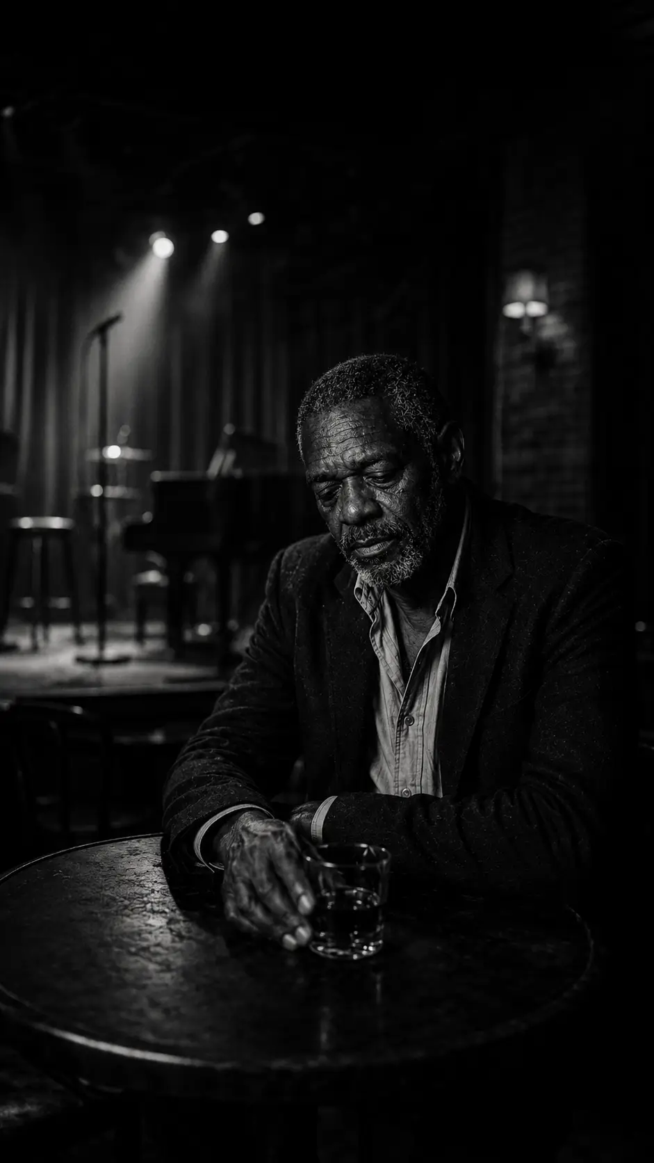 Bobby Chills sitting alone at a small table with a drink in a dim, empty club.