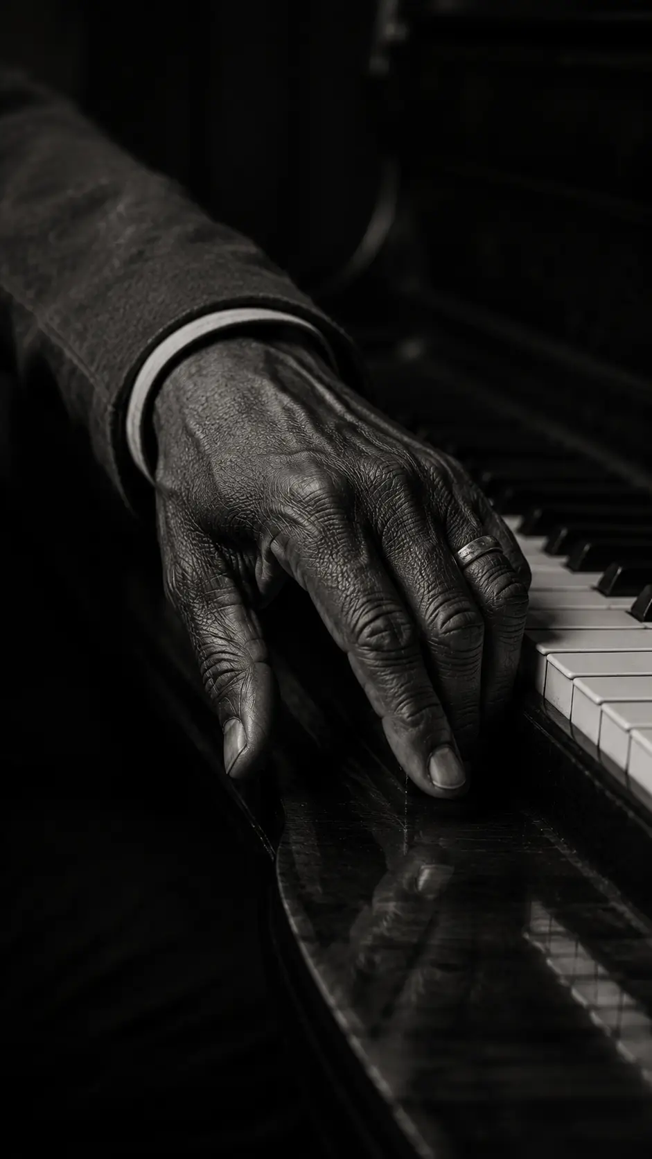 Black-and-white close-up of Bobby Chills' hand resting across piano keys.