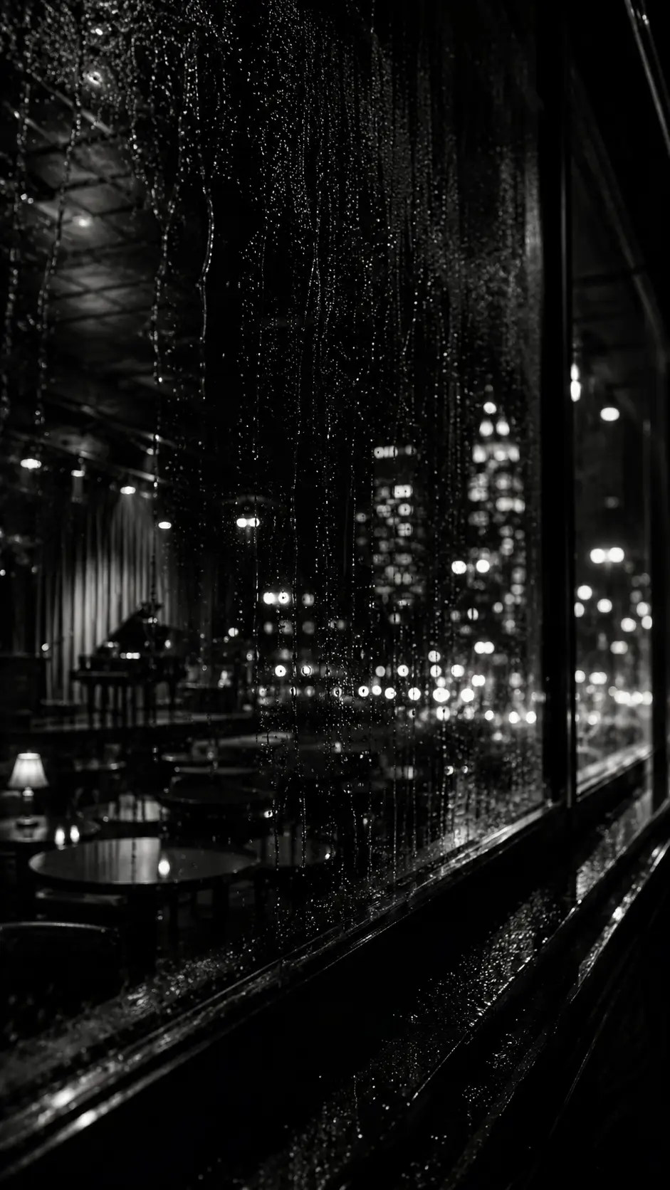 Black-and-white view through a rain-streaked window into an empty, candlelit lounge.