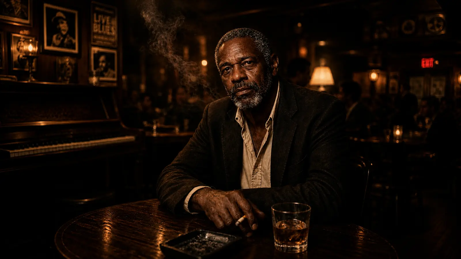 Bobby Chills seated at a bar with a glass of whisky and a piano behind him.