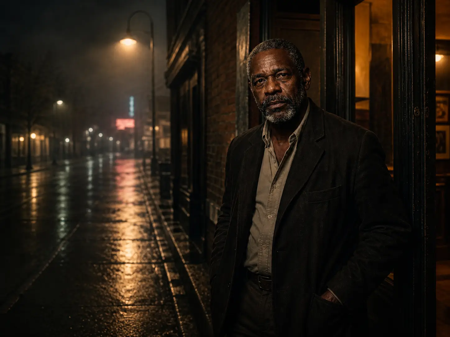Bobby Chills standing in a club doorway beside a rain-slicked city street.