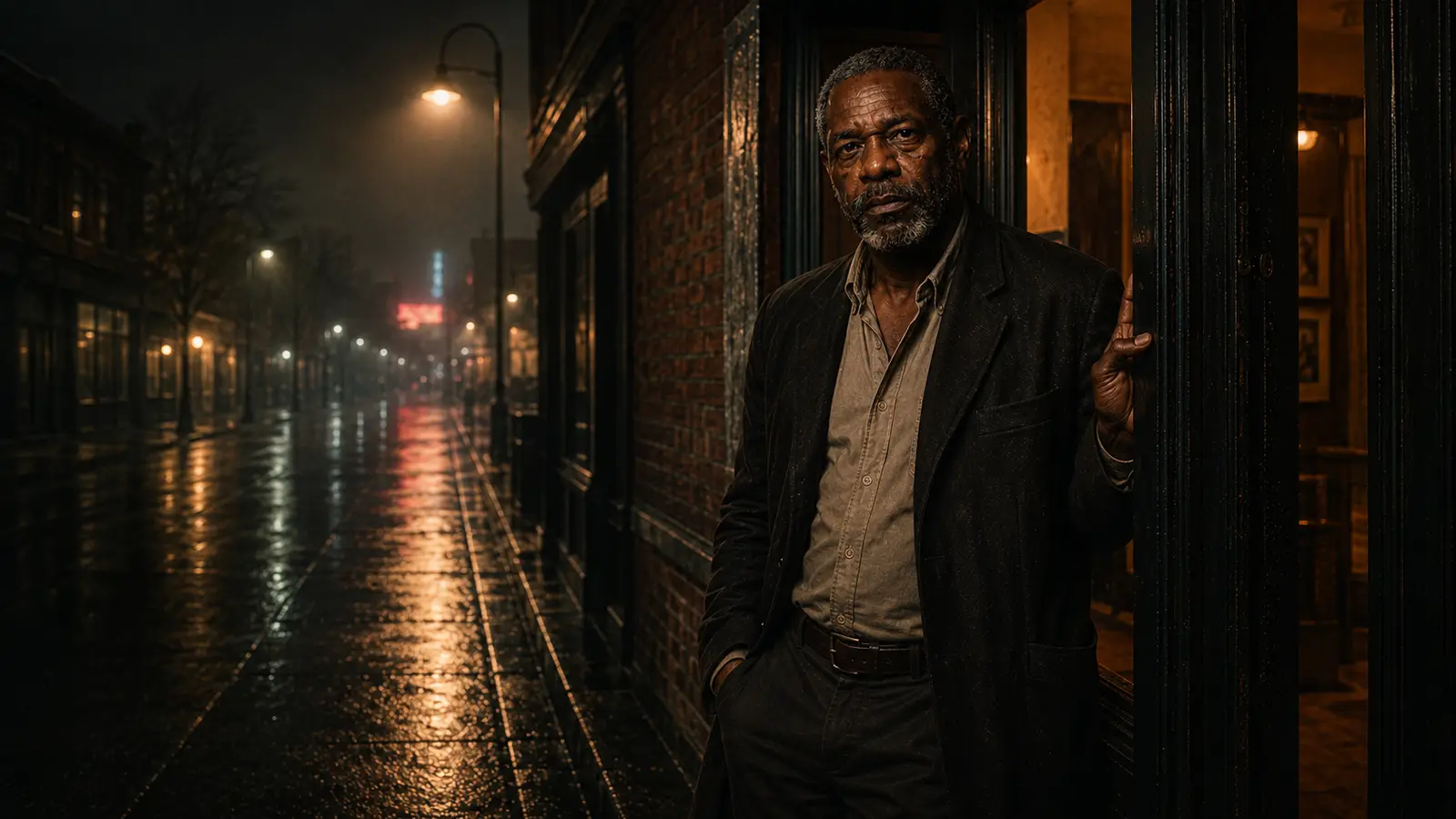 Bobby Chills leaning in a club doorway with an empty wet street beside him.
