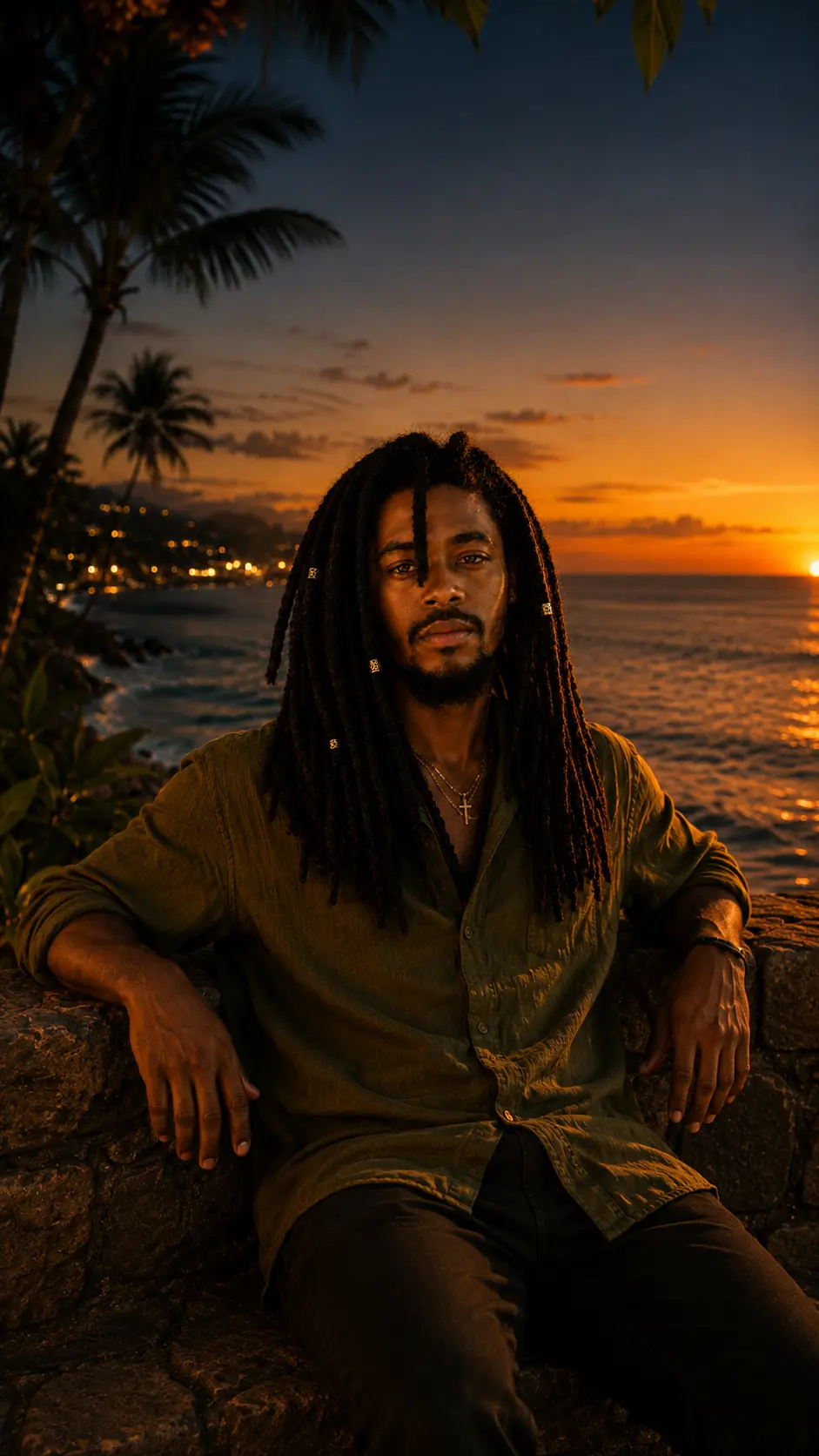 Kofi Rivers seated on rocks beside the sea at sunset in a dark green shirt.