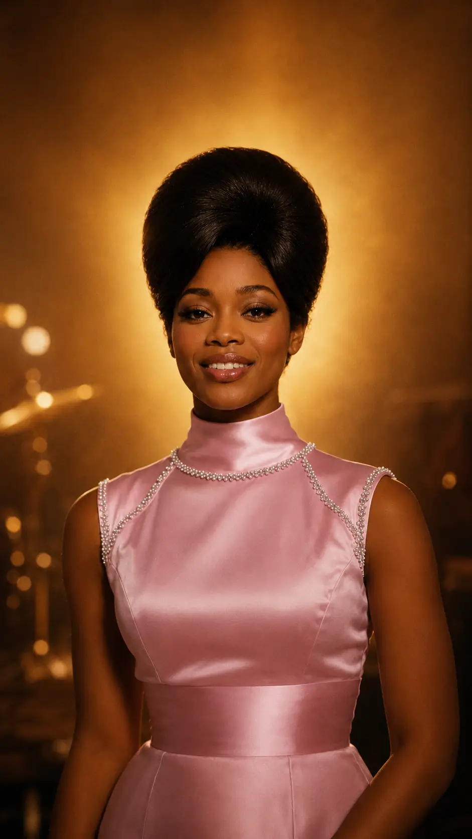 Betty Blane in a pale pink satin dress standing beneath a golden spotlight.