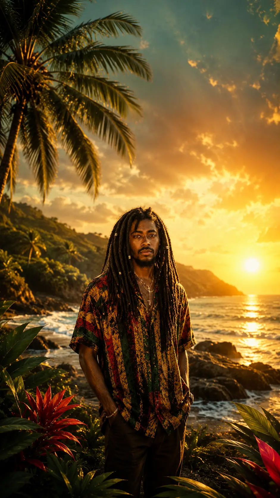 Kofi Rivers standing among tropical plants beside the ocean in a red, yellow and green shirt.