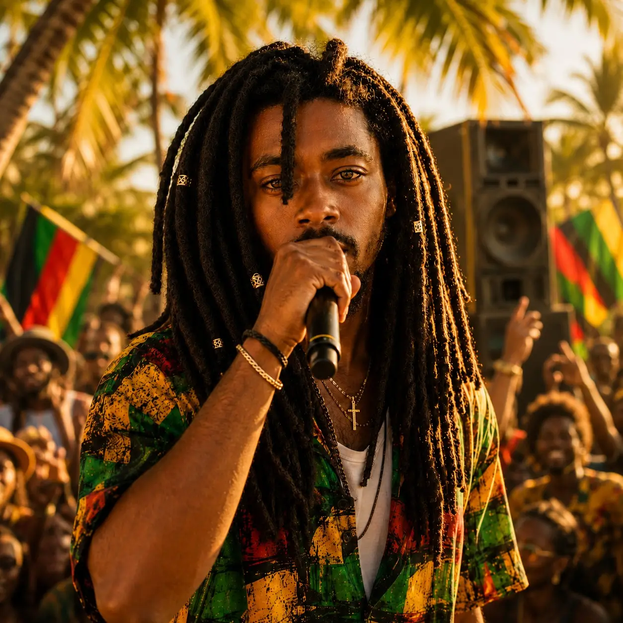Kofi Rivers singing into a handheld microphone at an outdoor gathering beneath palm trees.