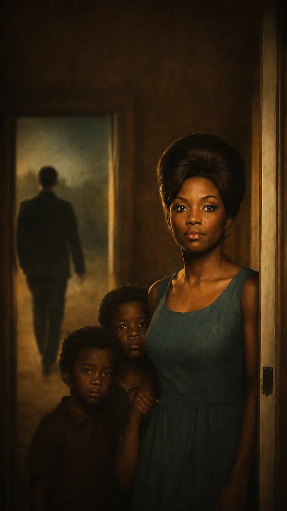 Betty Blane in a teal dress standing in a doorway with two children as a figure walks down a dim corridor.