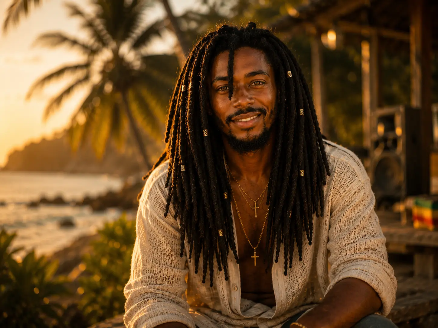 Kofi Rivers smiling in a white open-neck shirt with the ocean and palms behind him.