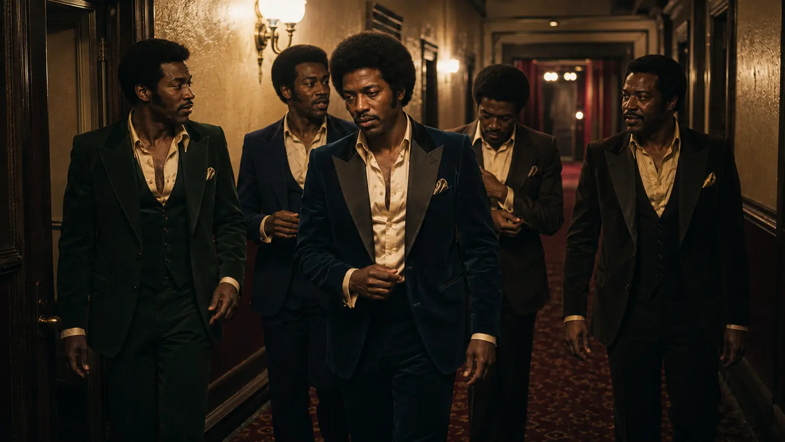 The five members of The Adulations walking together through a dim backstage corridor in dark suits.