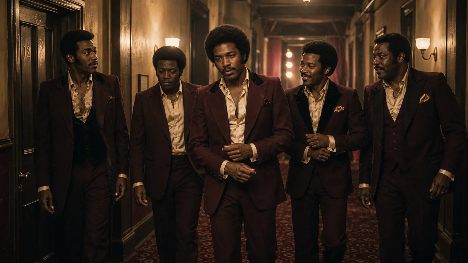 The Adulations talking and smiling as they walk through a warmly lit corridor in burgundy suits.
