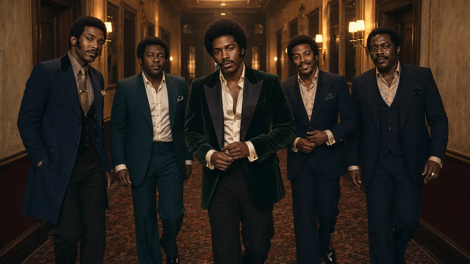 The five members of The Adulations walking down a wood-panelled corridor in dark blue and green suits.
