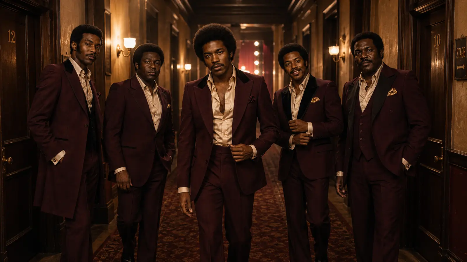 The Adulations standing together in burgundy suits in a warmly lit backstage corridor.