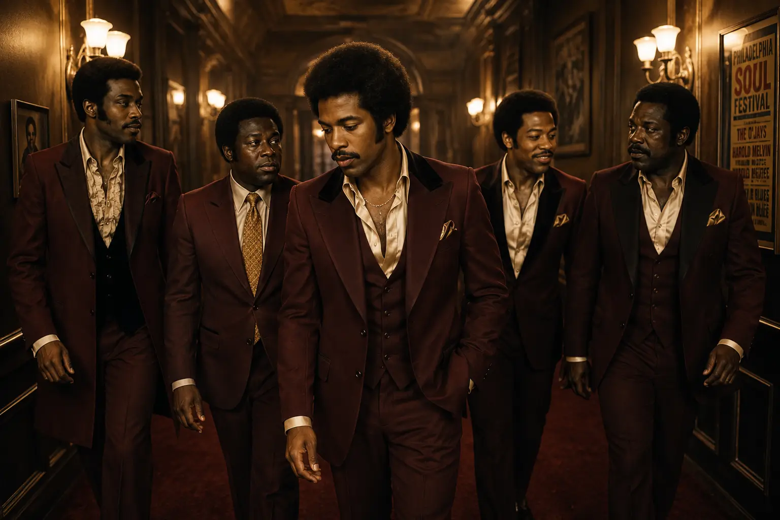 The Adulations walking through a backstage corridor in burgundy suits beneath vintage soul posters.