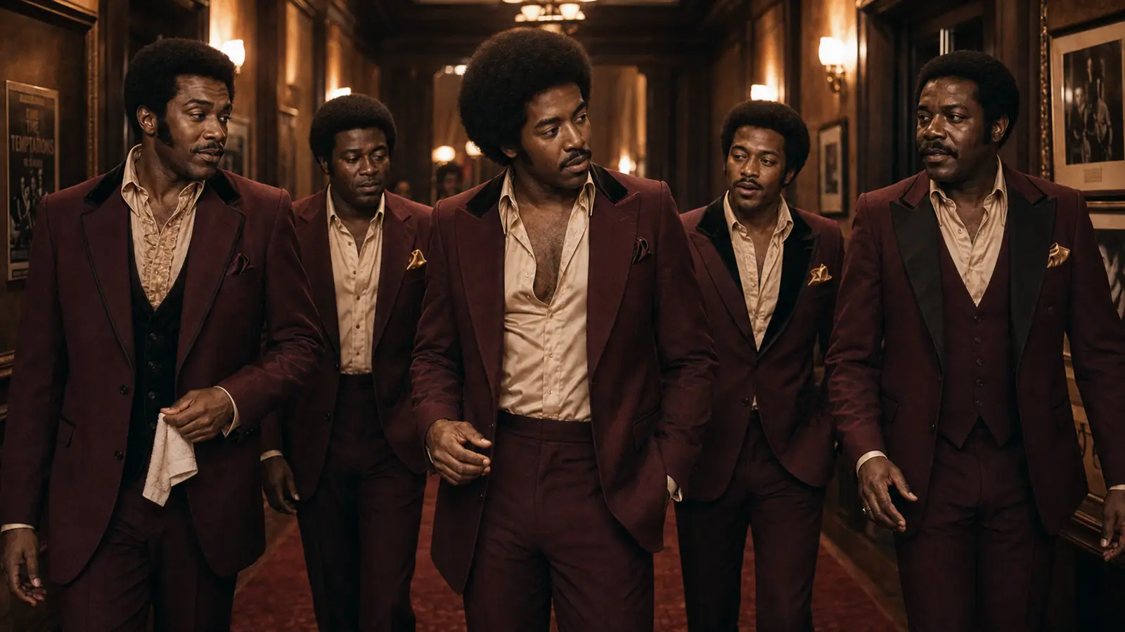 The Adulations talking as they walk together through a wood-panelled corridor in burgundy suits.