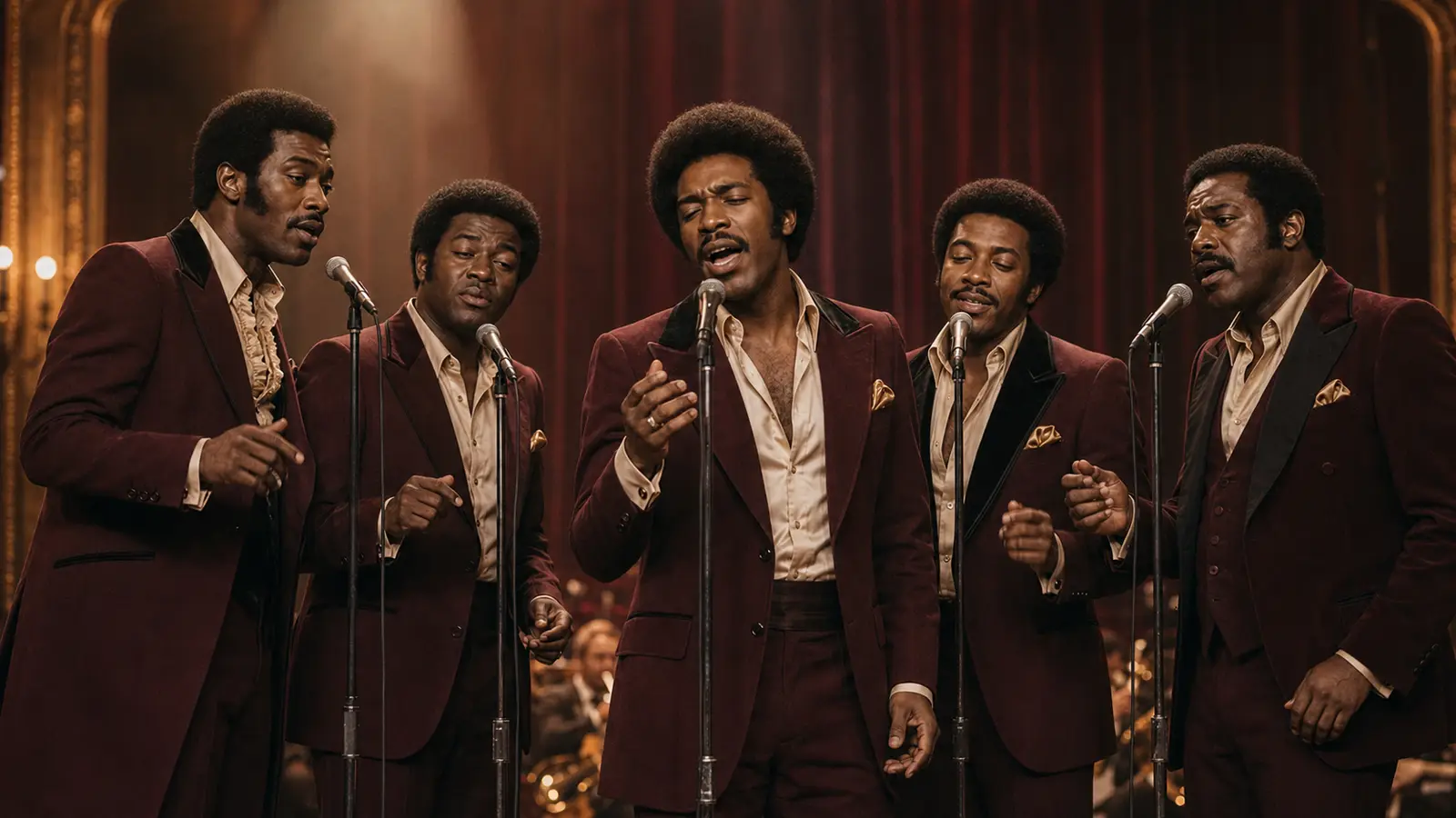 The Adulations singing at five microphones in burgundy suits before a red theatre curtain.