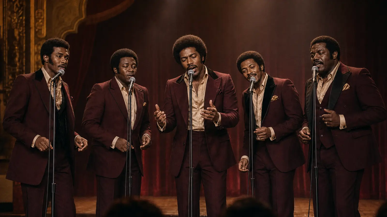 The Adulations performing at microphones in burgundy suits on a warmly lit theatre stage.