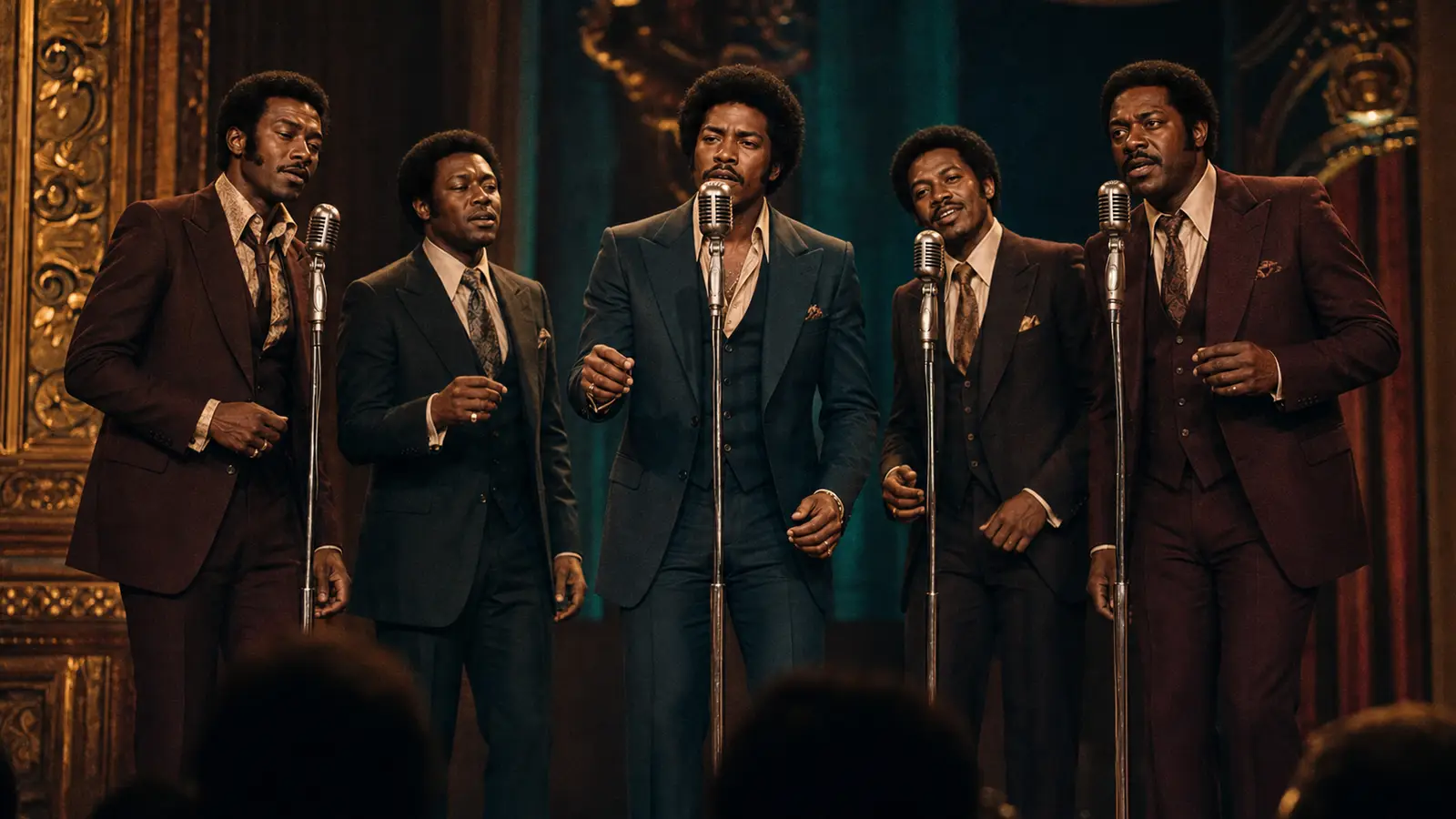 The Adulations performing at vintage microphones in dark suits inside an ornate theatre.