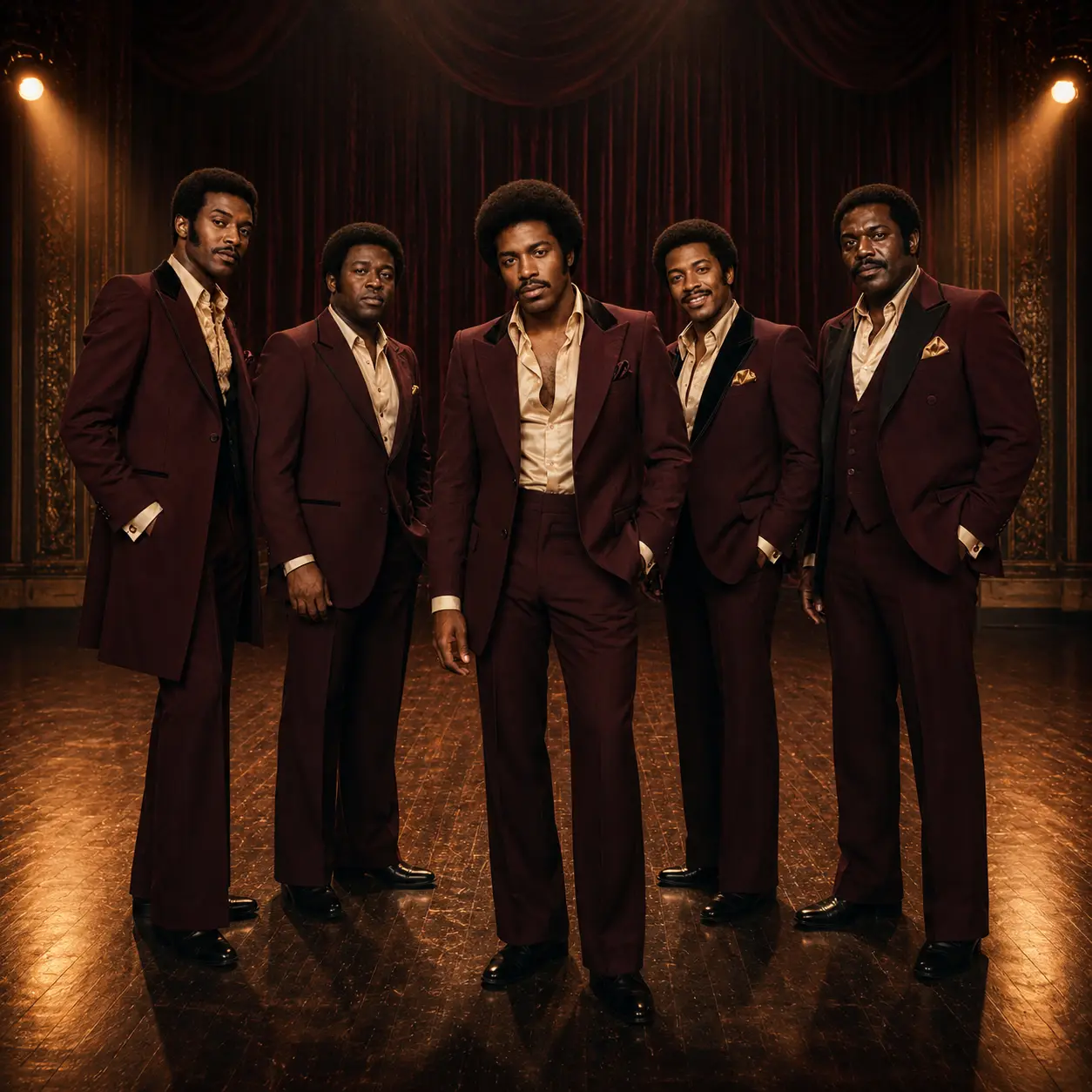 Full-length portrait of The Adulations standing together in burgundy suits before a red curtain.