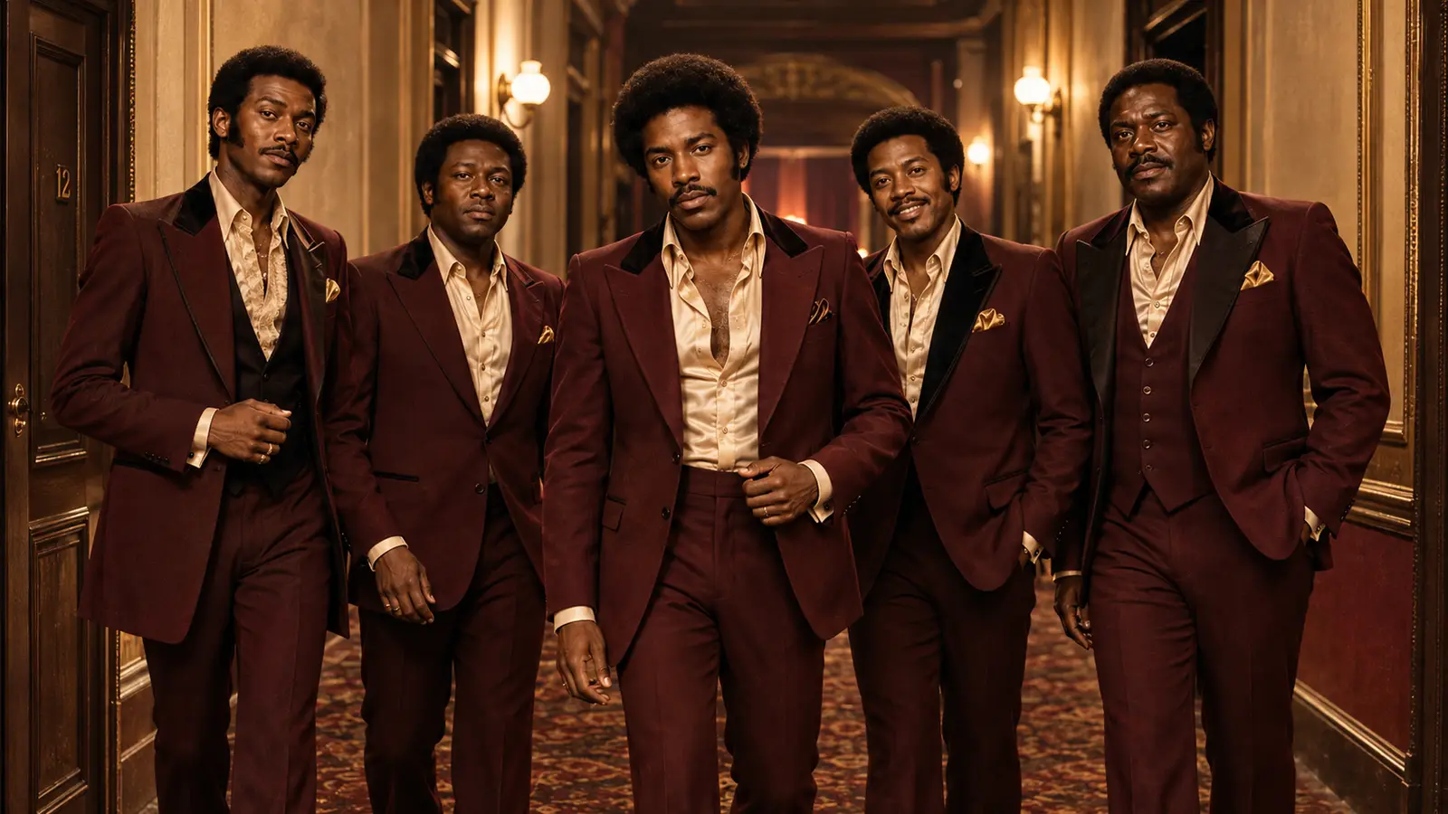 The Adulations standing together in burgundy suits in a warmly lit hotel corridor.