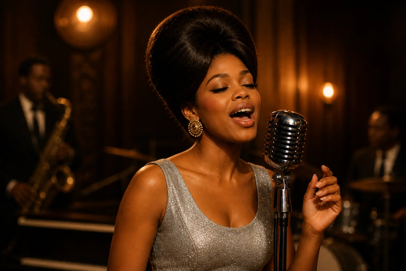 Betty Blane singing at a vintage microphone in a silver dress with a band behind her.